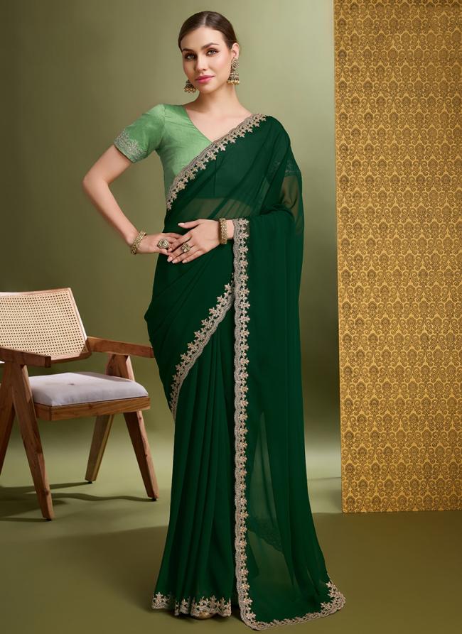 Georgette Green Party Wear Embroidery Work Saree